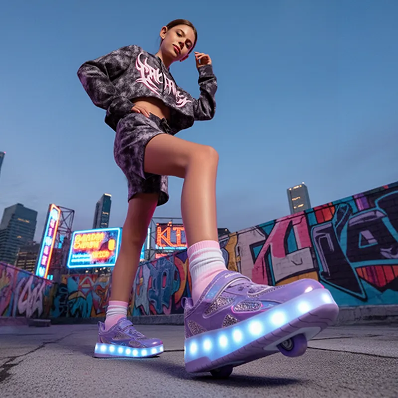 Teen girl wearing purple LED light‑up wheeled shoes in neon city street