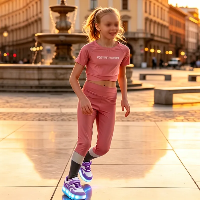 Girl skating in purple LED light‑up wheeled kids shoes at sunset city square