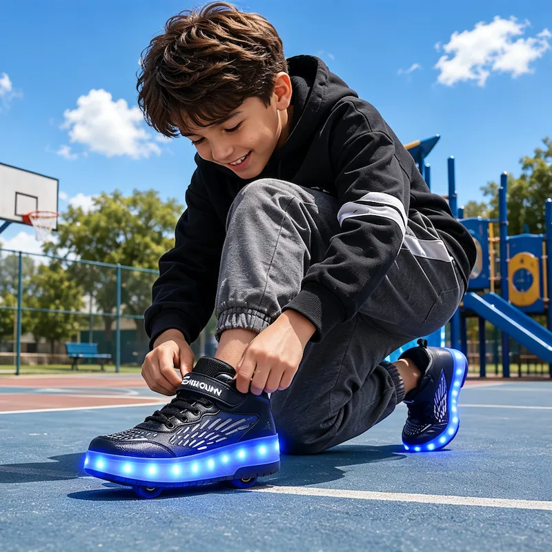 Boy tying laces of blue LED light‑up wheeled kids shoes at outdoor playground