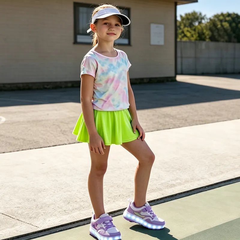 Girl with visor wearing purple LED light‑up wheeled kids shoes on outdoor sports court
