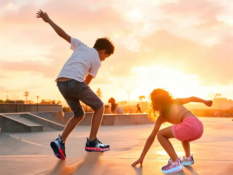 Boy and girl playing in LED light‑up wheeled kids shoes at sunset skate park