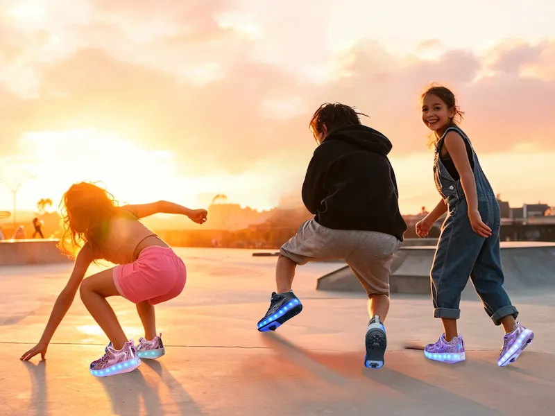 Three kids playing with LED light‑up wheeled shoes at sunset skate park