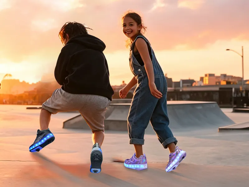 Boy and girl skating with LED light‑up wheeled kids shoes at sunset skate park