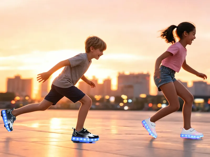 Boy and girl running with LED light‑up wheeled kids shoes at sunset
