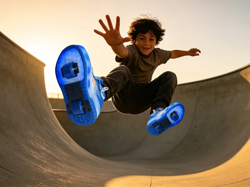 A boy leaping out of a skateboarding U-ramp, wearing blue heelies with LED light-up wheels, looking cheerful and lively