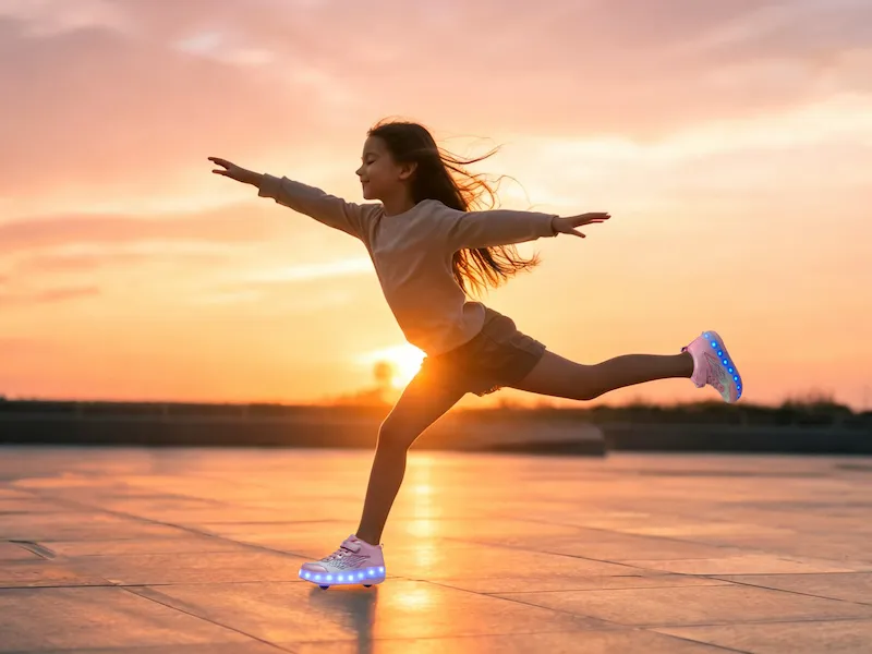 Girl skating in LED light‑up wheeled kids shoes at sunset